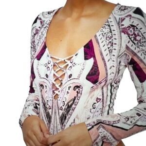 FREE PEOPLE Pick Place Bodysuit Ivory/burgundy, and multi coloring.